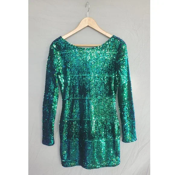 SHEIN | Dresses | Green Sequin Long Sleeve Mini Dress | Poshmark